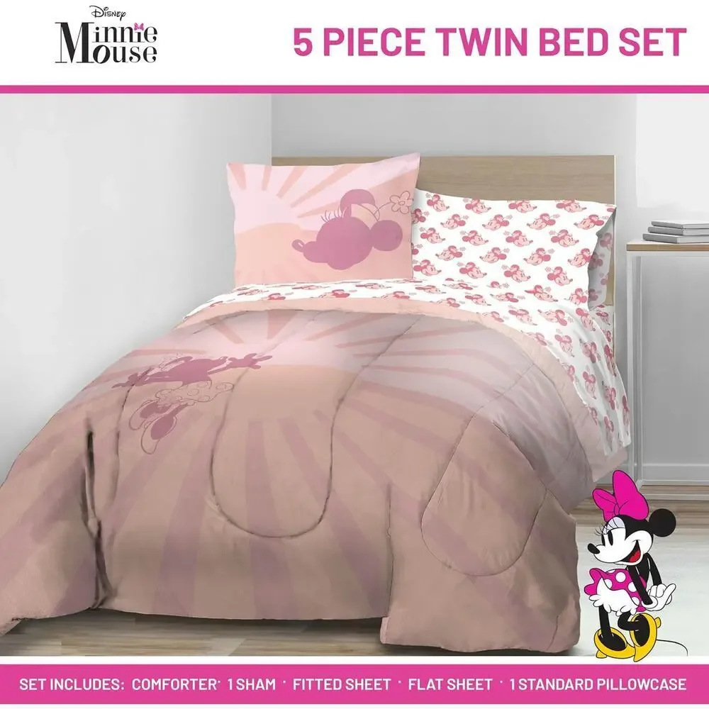 NEW Franco Disney Minnie Mouse 5 Piece Twin Comforter & Sheet Set PINK